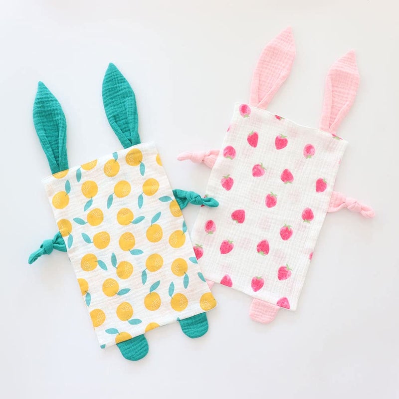 Emenpy Bunny Security Blanket for Boys and Girls,Cotton Soft Breathable Muslin Soothing Towel Appeasing Toy for Infant,Newborn Gift,2 Pcs Set (Strawberry&Orange) - Image 1
